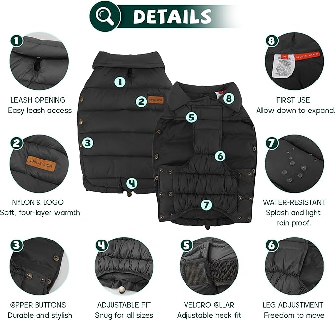 SPACE LION Dog Puffer Jacket, Down Winter Coat, Durable Outdoor Coat for Cold and Windy Conditions, Lightweight & Adjustable Fit Coats for Medium & Large Dogs,(Black, Size18/L+)