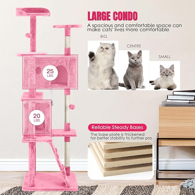 PayLessHere Cat Tree 70in Tower with Scratching Post, Multi-Level Cat Condo Stand House, Kitty Activity Center with Furry Ball Toys, Pink