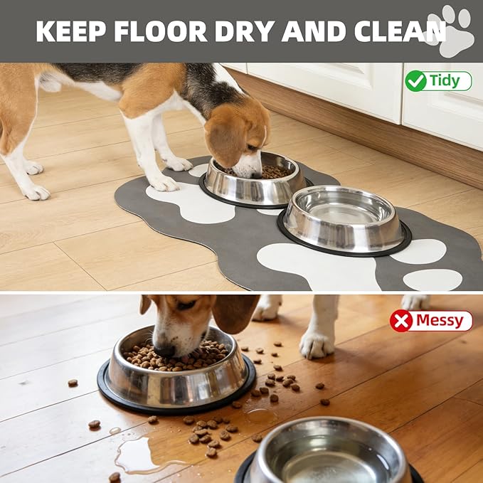 PUPTECK Dog Food Mat, Quick Absorbent Pet Cat Feeding Mat, Anti-Slip Dog Placemat for Food and Water Bowls with Rubber Backing, No Stains Floors Waterproof Indoor, Grayish Black & White 16"x24"