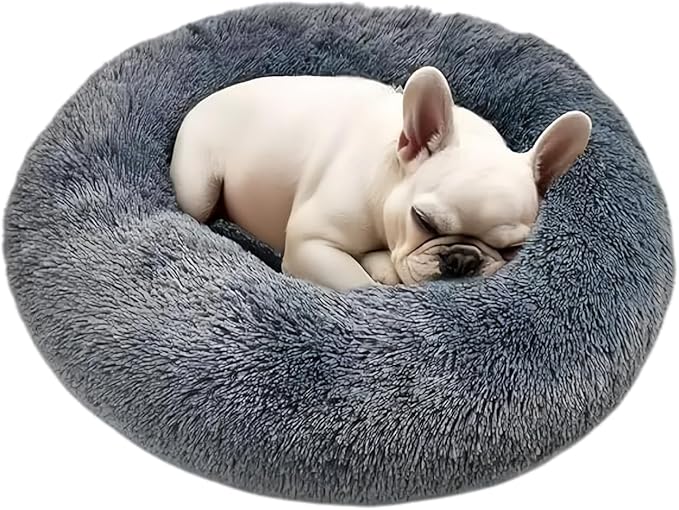 SALAN Calming Donut Pet Bed, 16 Inch Round Plush Cushion for Small Dogs and Cats, Washable Fluffy Indoor Pet Bed with Anxiety Relief Support. (Gray)