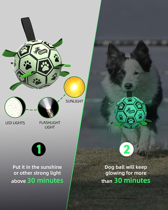 QDAN Dog Ball, Glow in The Dark Dog Toys, Light Up Soccer Ball for Dogs, Outdoor Dog Toys, Doggy Water Toy, Puppy Birthday Gifts for Medium Large (8 Inch)