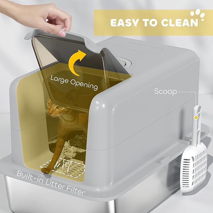 PawHut Stainless Steel Cat Litter Box, Extra Large 2 in 1 Metal Kitty Litter Pan with High Enclosure, Removable Lid & Scoop, Filter Bags, Easy to Clean, for Small to Large Kittens, Gray
