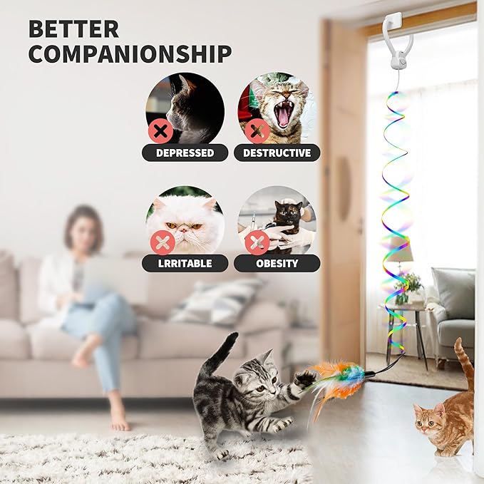 Interactive Cat Toys for Indoor Cats, Automatic Hanging Door Feather Toy Mouse & Ribbon Wand Teaser,USB-Rechargeable Self Play Chase Exercise Feather Toys for Bored Indoor Adult & Kitten Cats