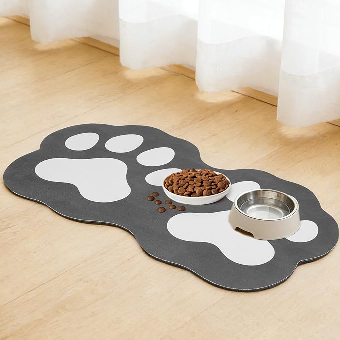 PUPTECK Dog Food Mat, Quick Absorbent Pet Cat Feeding Mat, Anti-Slip Dog Placemat for Food and Water Bowls with Rubber Backing, No Stains Floors Waterproof Indoor, Grayish Black & White 16"x24"