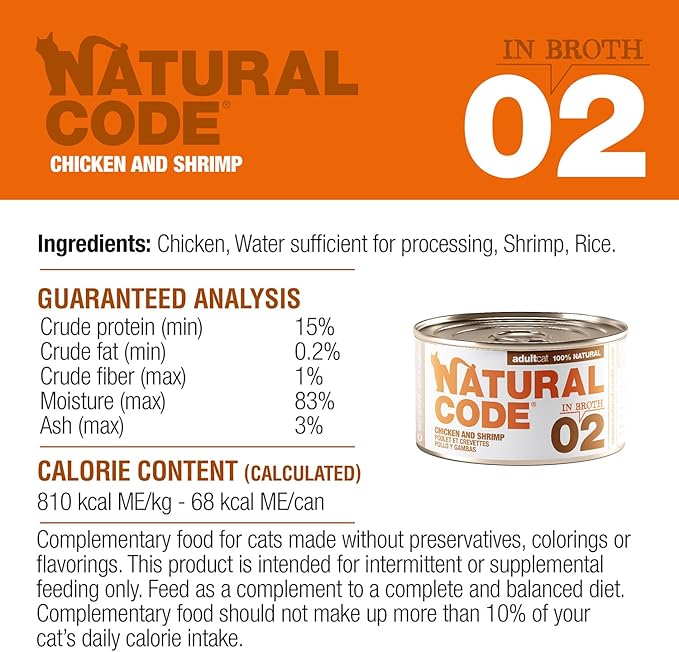 Natural Code - Wet Cat Food, Limited Ingredient Cat Food, High-Protein, Non-GMO, No Artificial Additives, Made in Italy, Chicken & Shrimp in Broth for Adult Cats (3 oz, 24 Pack)
