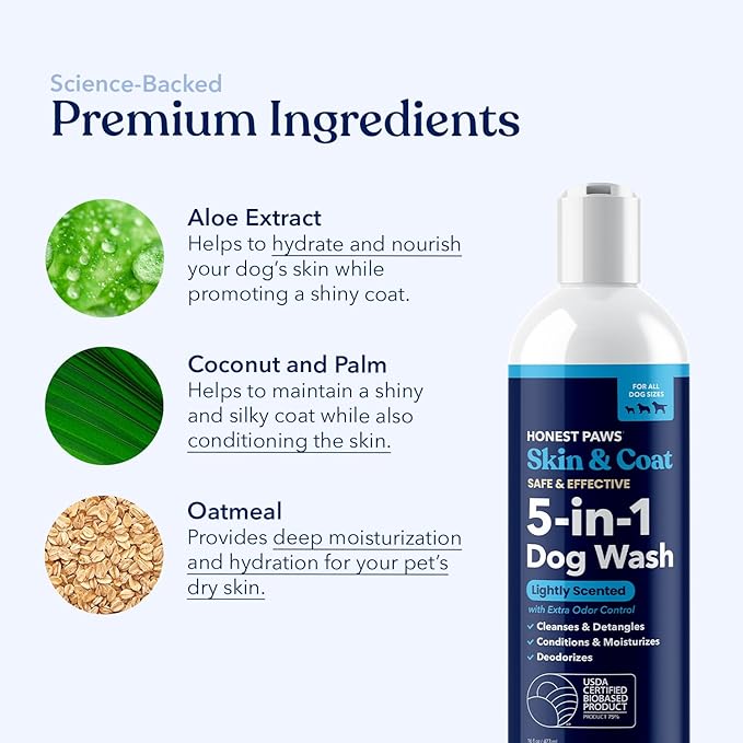 Honest Paws Dog Shampoo and Conditioner - Premium Dog Wash for Allergies Dry, Itchy, Moisturizing for Sensitive Skin - Sulfate Free Plant Based All Natural - Lightly Scented w/Odor Control -16 Fl Oz