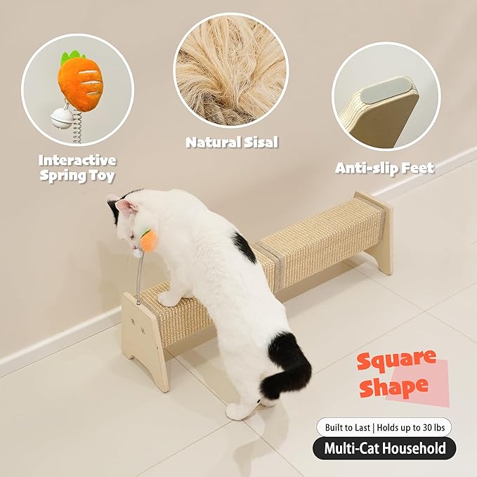 PETKARAY Horizontal Scratching Post, 30" Sisal Cat Scratch Pad, Large Cat Scratcher with Spring Toy, Protect Furniture for Indoor Kitten