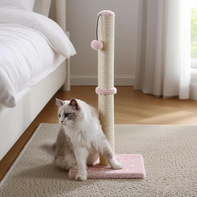 Dimaka Tall Cat Scratching Post, Claw Scratcher with Sisal Rope and Covered with Soft Smooth Plush, Vertical Scratch [Full Strectch] for Standard Size Cats (Pink, 29 inches for All Cats)