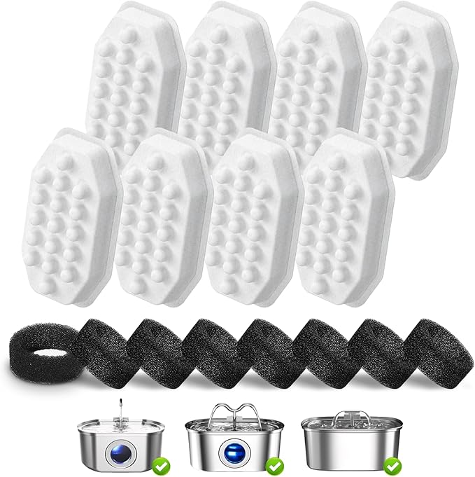 16 Pack Cat Water Fountain Replacement Filters & Pre-Filter Sponges, Includes 8 Filters & 8 Sponges for 108oz/3.2L Stainless Steel Pet Fountains – Compatible with Rellaty & Neareal