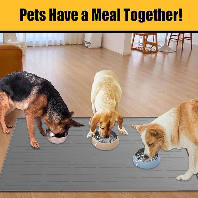 1.5MM Super Thick Dog Food Mat, 48"x32" Silicone Dog and Cat Mats for Food and Water Bowls, Waterproof Pet Feeding Mat for Contain Spills Protects Floors, Multiple Colors & Sizes for Pets, Dark Gray
