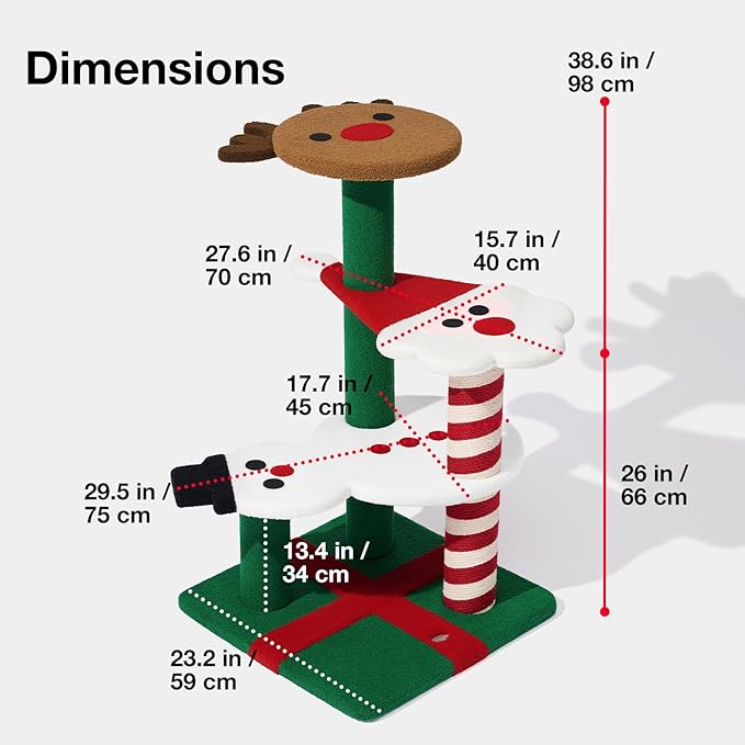 VETRESKA Christmas Cat Tree for Indoor Cats, 38.6" Multi Level Soft-Touch Cat Tower with Scratching Post, Large Scratching Post, Santa Claus, Reindeer and Snowman