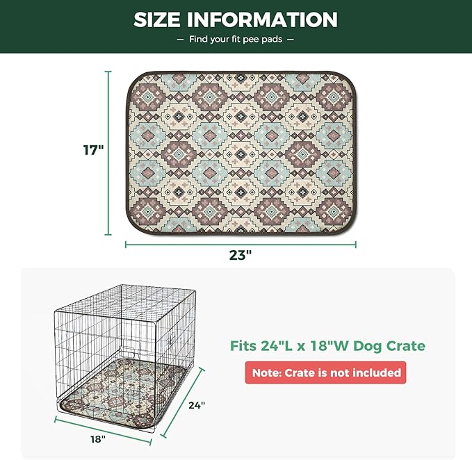 FXW Washable Pee Pads for Dogs, Puppy Pads with Super Absorbent, Specifically Designed for 24inch Cages, 17" x 23" Rectangle, Tribal Beige, 2 Packs
