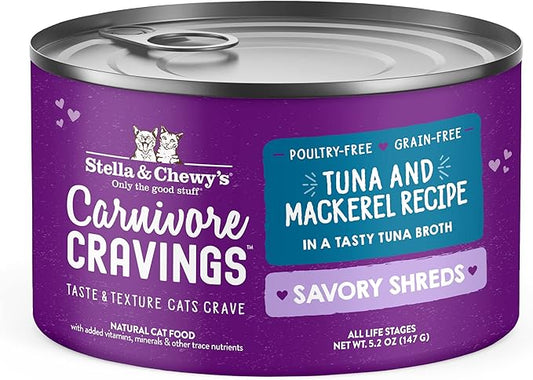 Stella & Chewy's Carnivore Cravings Savory Shreds - Wet Cat Food - High-Moisture Formula with Premium Wild-Caught Tuna & Mackerel - Perfect for Picky Eaters - 5.2 oz, 8 Count