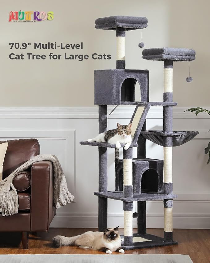 Tall Cat Tree 70.9"- Cat Tower with 6 Scratching Posts, Multi-Level Climbing Tower with 2 Condos, 2 Scratching Boards, 2 Top Beds & Hammock for Indoor Large Medium&Small Cats, Dark Gray