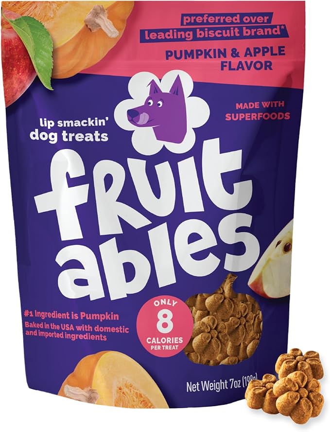 Fruitables Baked Dog Treats, Healthy Pumpkin Treat for Dogs, Low Calorie & Delicious, No Wheat, Corn or Soy, Made in the USA, Pumpkin and Apple Flavor, 7oz