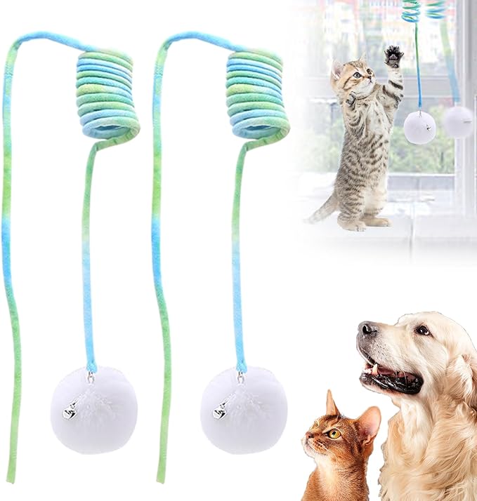 Drkicsy Hanging Spring Plush Cat Toy Ball, Hanging Cat Toys for Indoor Cats with Bell, Pet Spring Toy Interactive Toys for Cats Kittens Play Chase Exercise (2PCS Green)