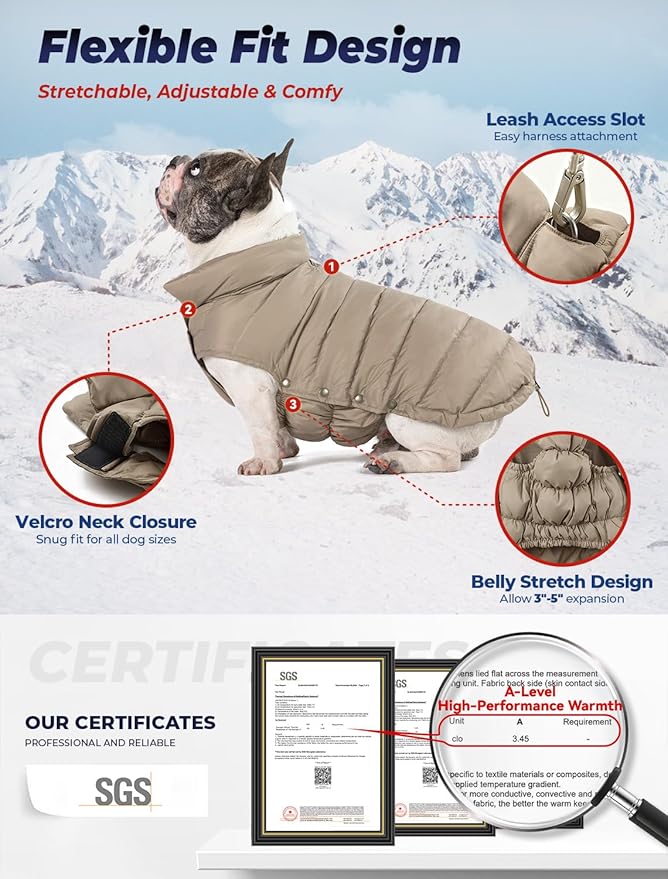 SPACE LION Dog Puffer Jacket, Down Winter Coat, Durable Outdoor Coat for Cold and Windy Conditions, Lightweight & Adjustable Fit Coats for Medium Dogs, (Khaki, Size14/L)