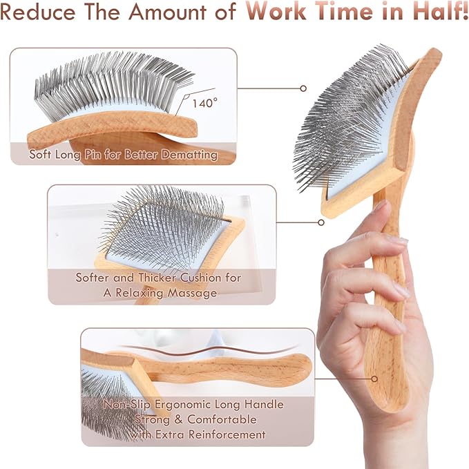 Large Dog Slicker Brush for Shedding & Curly Coat, Long Hair Dogs & Cats, Doodles, Poodles & Goldendoodles, Long Pin Grooming Brush with Wooden Handle, 3 Pcs Comb Set for Mats Tangles Wood