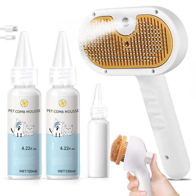 Pet Steam Brush Dog Cat 2025 New Grooming Comb for Shedding, Floating Hair, Smooth & Detangling, Gentle Cool Mist Softens Hair Reduces Static Helps Pets Who Dislike Bathing,Includes 2*Shampoo