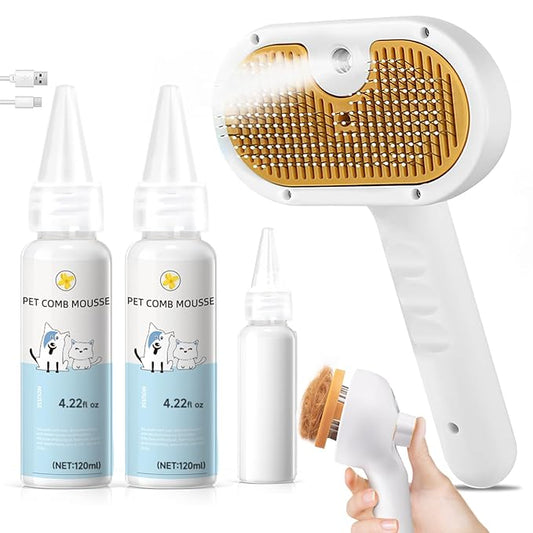 Pet Steam Brush Dog Cat 2025 New Grooming Comb for Shedding, Floating Hair, Smooth & Detangling, Gentle Cool Mist Softens Hair Reduces Static Helps Pets Who Dislike Bathing,Includes 2*Shampoo