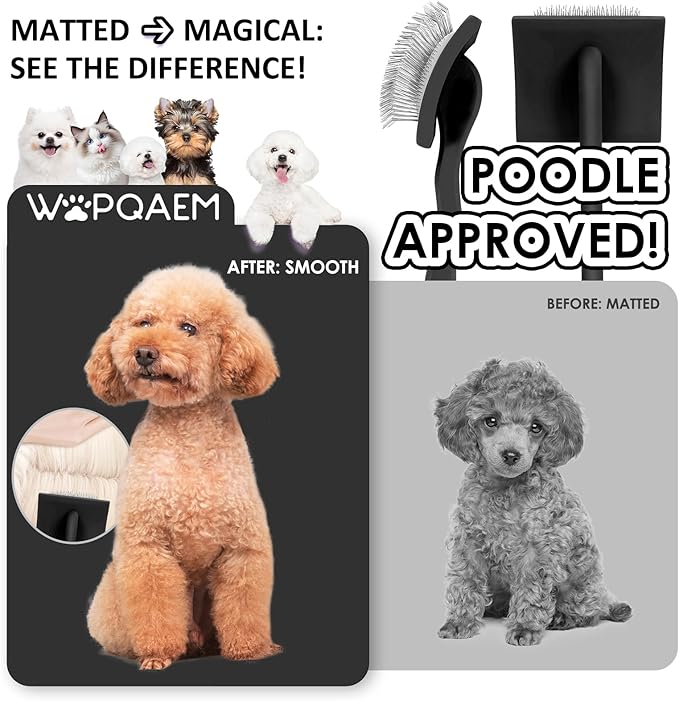 Slicker Brush for Dogs, Long Pin Dog Grooming Brush for Goldendoodles, Poodles, Doodles, Includes Pet Comb & Undercoat Rake, Perfect for De-Shedding, Dematting & Reducing Tangles. Large, Black