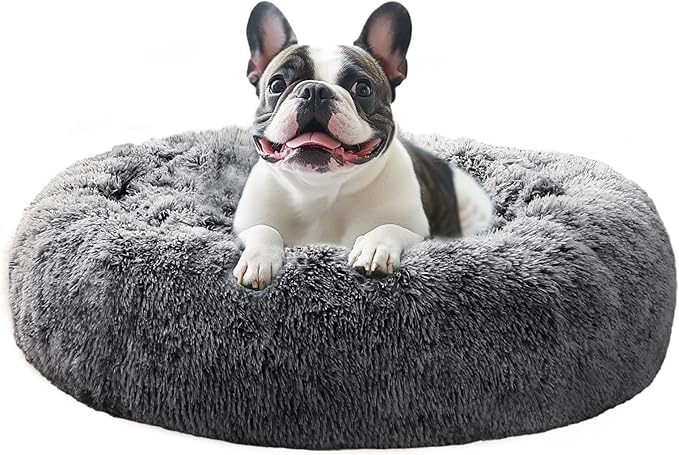 JOLLYVOGUE Calming Dog Bed Medium Size Dog, Anti-Anxiety Donut Medium Pet Bed, 31 inches Fluffy Faux Fur Round Cat Bed, Fits up to 45 lbs Pets (Smoke Black)