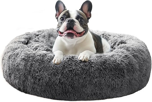 JOLLYVOGUE Calming Dog Bed Medium Size Dog, Anti-Anxiety Donut Medium Pet Bed, 27 inches Fluffy Faux Fur Round Cat Bed (Smoke Black)