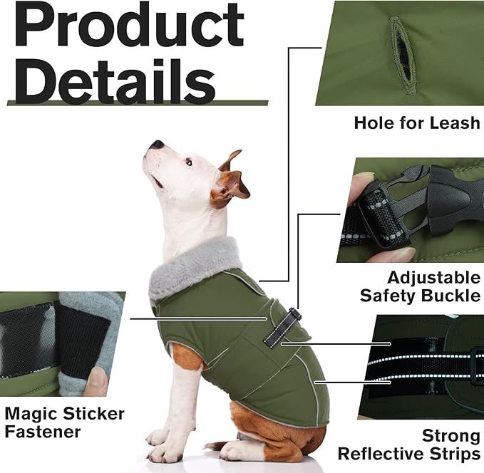 Lelepet Warm Dog Coat Waterproof Dog Jacket for Large Dogs Reflective Fleece Vest with Adjustable Buckle Hook & Loop Windproof Cold Weather Coats for Small Medium Large Dogs, Army Green, L