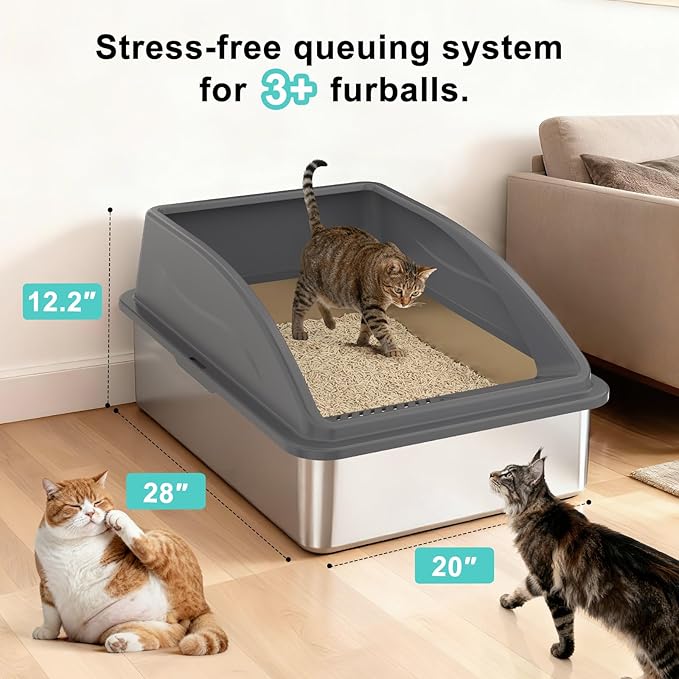 Stainless Steel Litter Box Extra Large for Big Cats and Multi-Cats | Jumbo Extra Large Metal Cat Box with High Sided Lid, Anti-Urine Leakage, Non-Stick,Include Litter Scoop