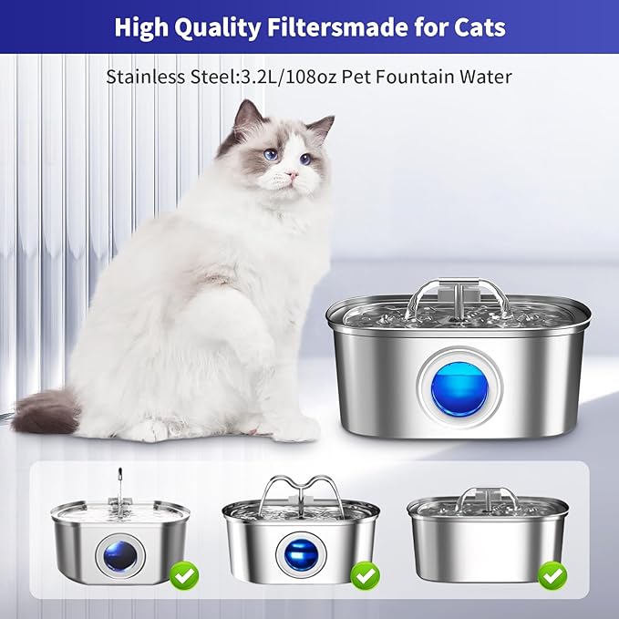 16 Pack Cat Water Fountain Replacement Filters & Pre-Filter Sponges, Includes 8 Filters & 8 Sponges for 108oz/3.2L Stainless Steel Pet Fountains – Compatible with Rellaty & Neareal
