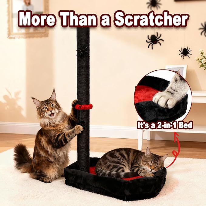 Gothic Cat Scratching Post with Bed, 34" Tall Cat Scratcher for Indoor Cats - Modern Sisal Scratch Post with Spider Dangling Toys for Kittens and Adult Cats