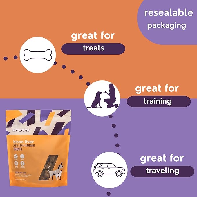 Momentum Carnivore Nutrition Freeze-Dried Bison Liver Dog Treats & Cat Treats – Single-Ingredient, High-Protein, Grain-Free, Lean Novel Protein – Made in USA – 4 oz Bag