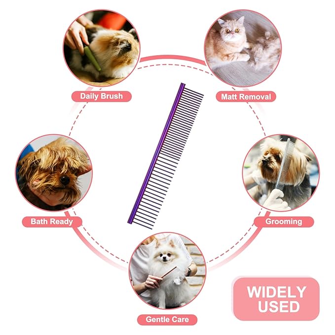 Dog Cat Comb, Pet Combs Stainless Steel Teeth with Rounded Ends for Knots Mats Loose Hair Removal, 6.5IN (Purple Plated, 3 Pack), Grooming Tool Intended for Long Curly Hair Pet