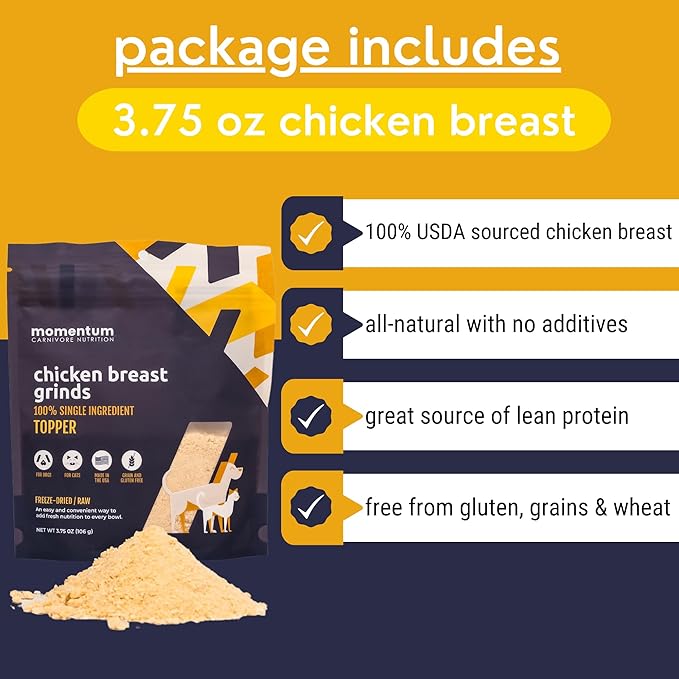 Momentum Carnivore Nutrition Freeze-Dried Chicken Breast Pet Food Topper – Single-Ingredient, All-Natural Topper – High-Protein for Dogs and Cats, Grain-Free and Made in The USA– (3.75 oz Bag)