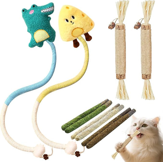 Catnip Toys for Cats, Kitten Chew Toys Silvervine Sticks for Indoor Cats Teeth Cleaning 10 Pack, Interactive Treat Dental Organic Cotton Chew Rope with Cute Dolls Catnip Inside