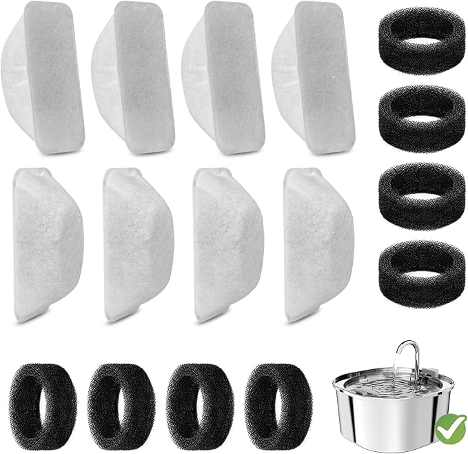 16 Pcs Cat Water Fountain Filters Replacement for 108oz/3.2L & 84oz/2.5L Pet Water Fountain,Including 8 Pcs Cat Water Fountain Filter & 8 Pcs Pre-Filter Sponges Foam Filter