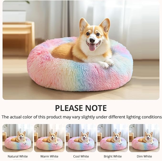 JOLLYVOGUE Calming Dog Bed Medium Size Dog, Anti-Anxiety Donut Medium Pet Bed, 31 inches Fluffy Faux Fur Round Cat Bed, Fits up to 45 lbs Pets (Rainbow)