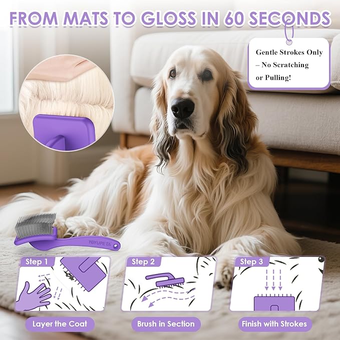 Large Slicker Brush for Dogs – 3pc Grooming Kit with Undercoat Rake & Comb, Deshedding Pin Brush for Mats & Shedding on Long-Haired & Double-Coated Dogs, Cats, Poodles & Goldendoodle, Purple