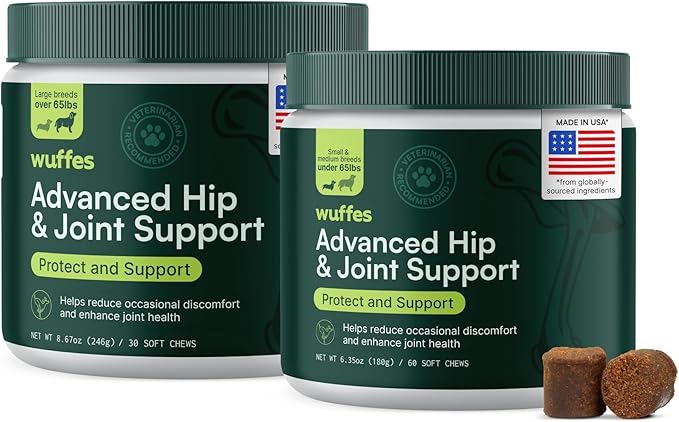Wuffes Advanced Dog Hip and Joint Supplement with Glucosamine, Chondroitin, Omega 3, MSM, and Green Lipped Mussel, (Pack of 2, Small & Large Breed)