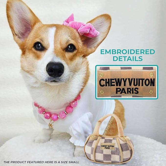 Haute Diggity Dog Checker Chewy Vuiton Handbag, Plush Designer Dog Toys with Interactive Squeaker, Stimulating Pet Enrichment, Machine-Washable & Safe Materials for All Breeds, Size XL