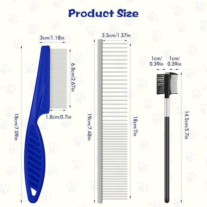 WRW 7 Pack Flea Comb,Stainless Steel Dog Cat Grooming Combs with Rounded Tooth for Remove Fleas Lice Eggs, Double Sided Tear Stain Remover, Dematting Tool for All Types of Small, Medium, Large Pets