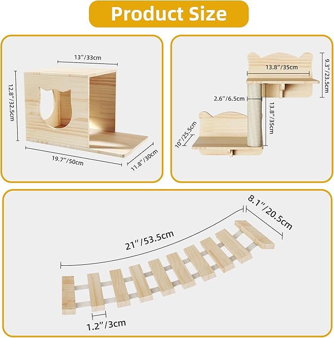 Cat Wall Shelves, 5-in-1 Solid Wood Wall-Mounted Cats Furniture Set with Scratching Post, Cat Climbing Wall Systems with Condos, House, Steps, Bridge Ladder, Cats Shelf Furniture