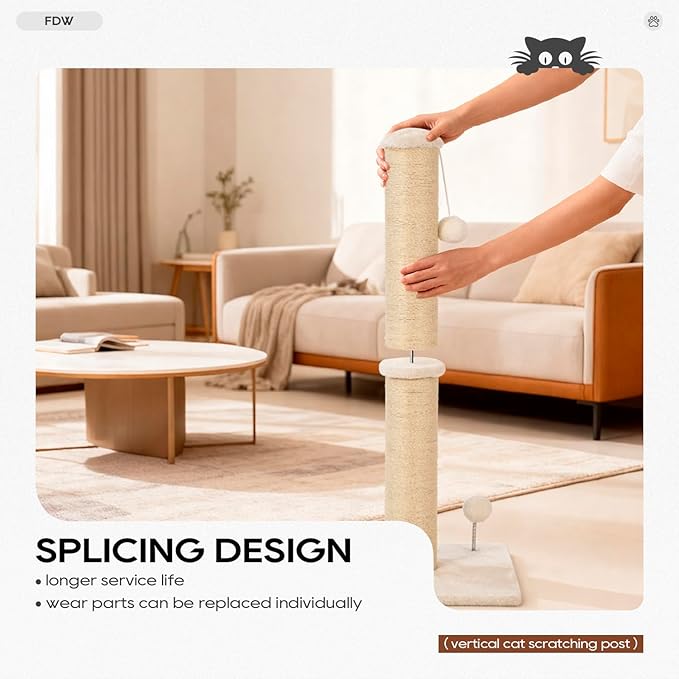 FDW 22 Inch Cat Scratching Post Cat Scratcher Natural Sisal Rope Scratch Post Kitten Trees with Hanging Ball for Indoor Cats,Beige
