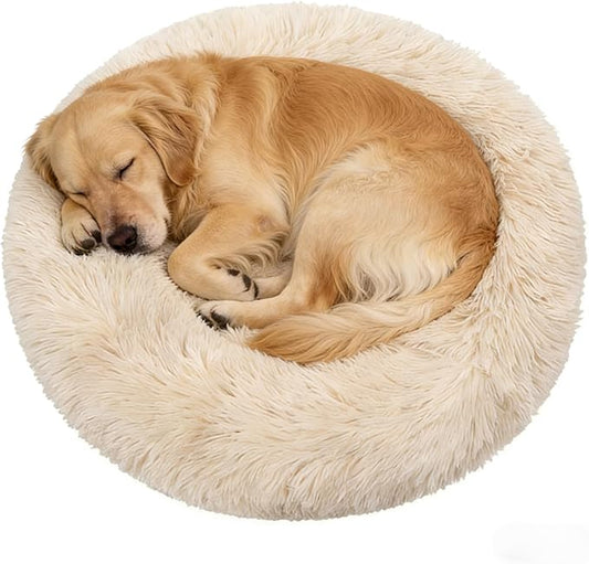Calming Donut Dog Beds Large Sized Dog - Washable Removable Cover Non-Slip, Round Pet Bed Warming Fluffy Plush Faux Fur Anti-Anxiety Thick Cushion, Fits up to 80 lbs (Beige, 36")