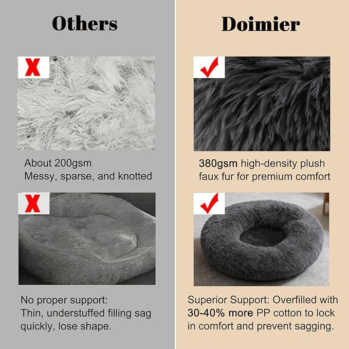 Calming Donut Dog Beds Large Sized Dog - Washable Removable Cover Non-Slip, Round Pet Bed Warming Fluffy Plush Faux Fur Anti-Anxiety Thick Cushion, Fits up to 80 lbs (Dark Grey, 36")