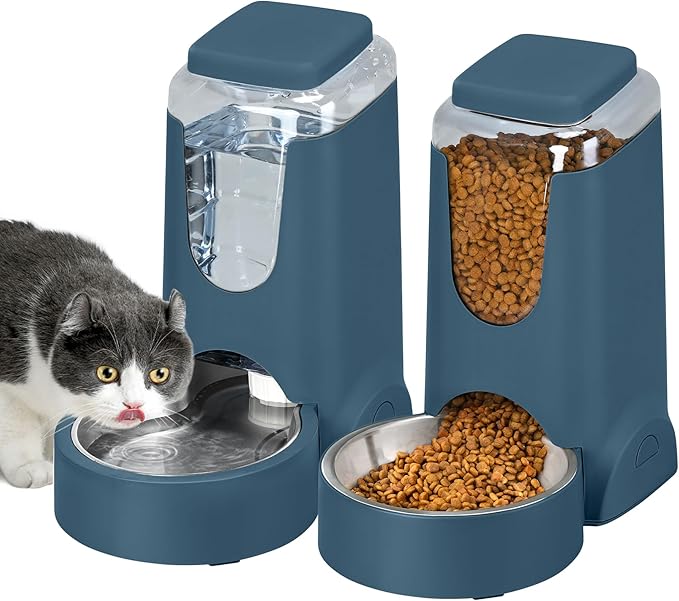 2 Pack Automatic Cat Feeder and Dog Food Feeder, Gravity Stainless Steel Water Dispenser and Waterer Set for Small Medium Puppy Kitten Pets (1 Gallon x 2, Navy Blue)