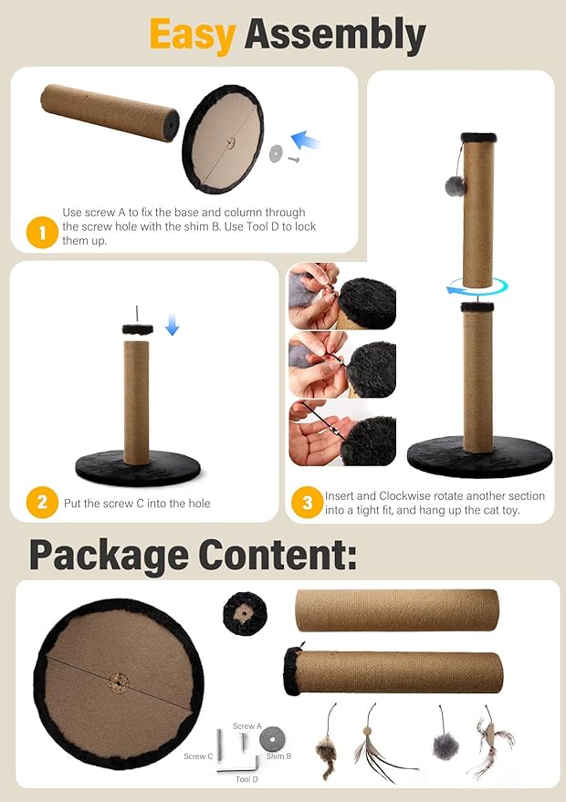 34inches Tall Cat Scratching Post with Plush Base Cat Scratcher for Indoor Cat with Natural Sisal Rope, Black Round Platform,Have 4 Replacement Pendant