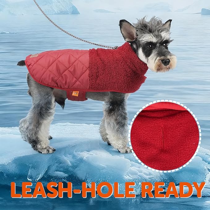 FOFOS Dog Winter Coat, Plush Dog Jacket with Leash Hole, Adjustable Warm Pet Snow Vest for Small Medium Dogs, Red, S