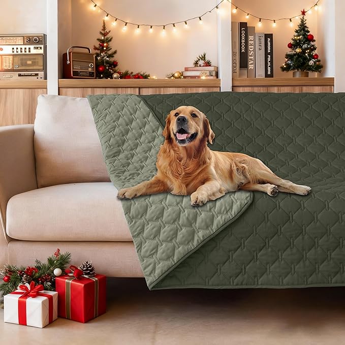 gogobunny 100% Double Sided Waterproof Dog Blanket Soft Pet Bed Cover Reversible Protect Furniture Couch Sofa Car for Puppy Large Dog Cat (Dark Olive/Light Olive, 52x82 Inch (Pack of 1))