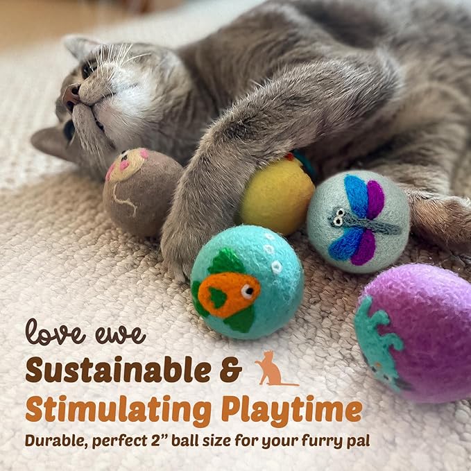 Hustle & Blush Love Ewe Felted Cat Toys 3 Pack - 2 Inch Dragonfly & Butterfly Hand Made Cute & Fun Design Kitten Wool Felt Balls for Indoor Play & Exercise - 100% New Zealand Handmade - Holiday Pet